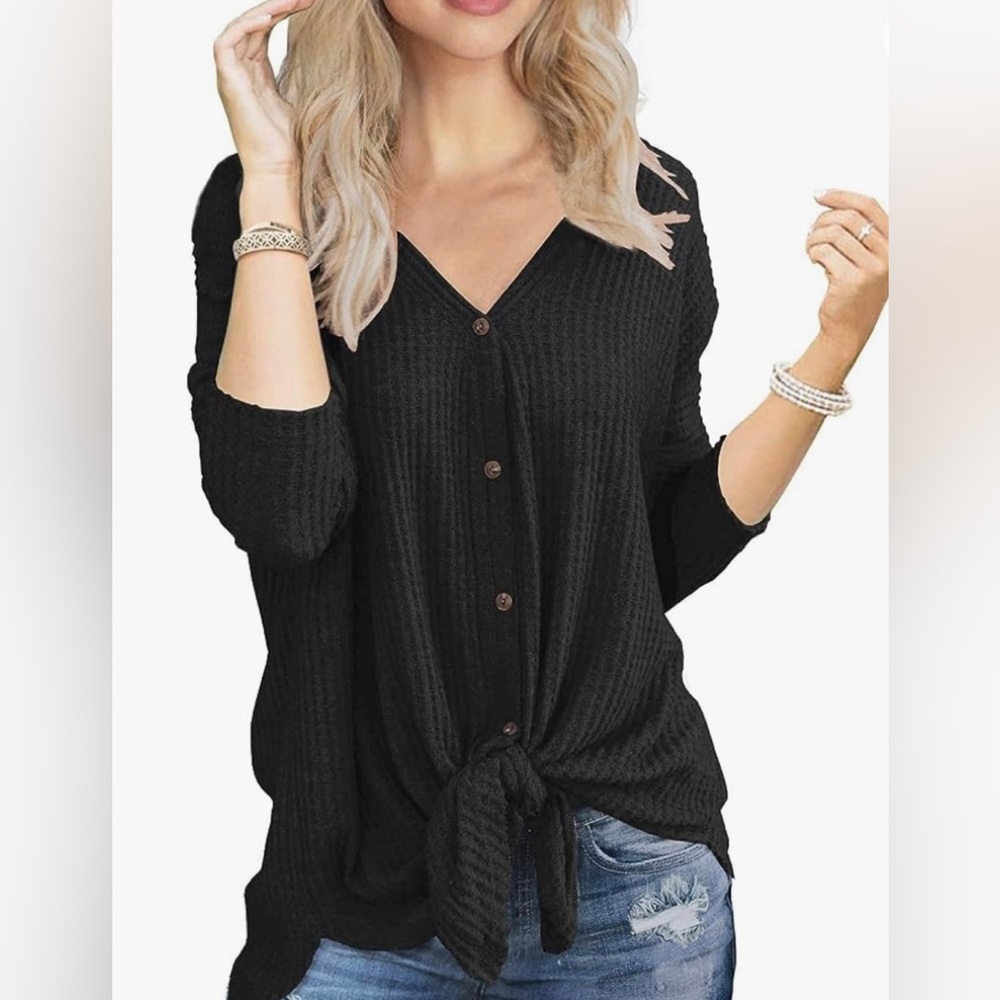 IWOLLENCE Waffle Knit Tunic Blouse Tie Knot Henley Loose Bat Wing Plain Shirt
